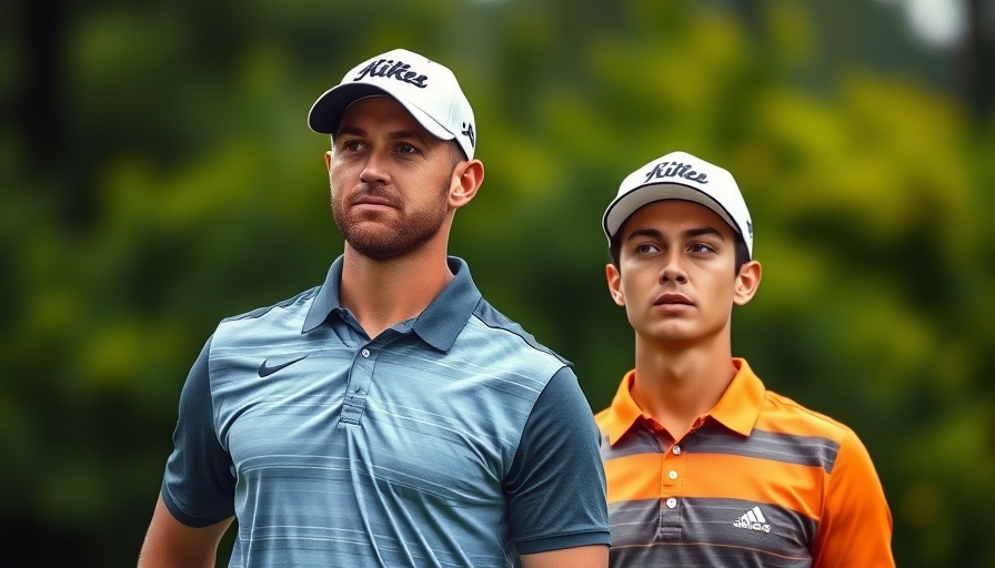 Professional golfers on a lush golf course discussing equipment.