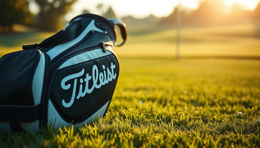 Titleist golf bag resting on grass with gentle sunlight.