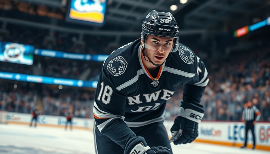 Hockey player mid-action in arena, intense expression.