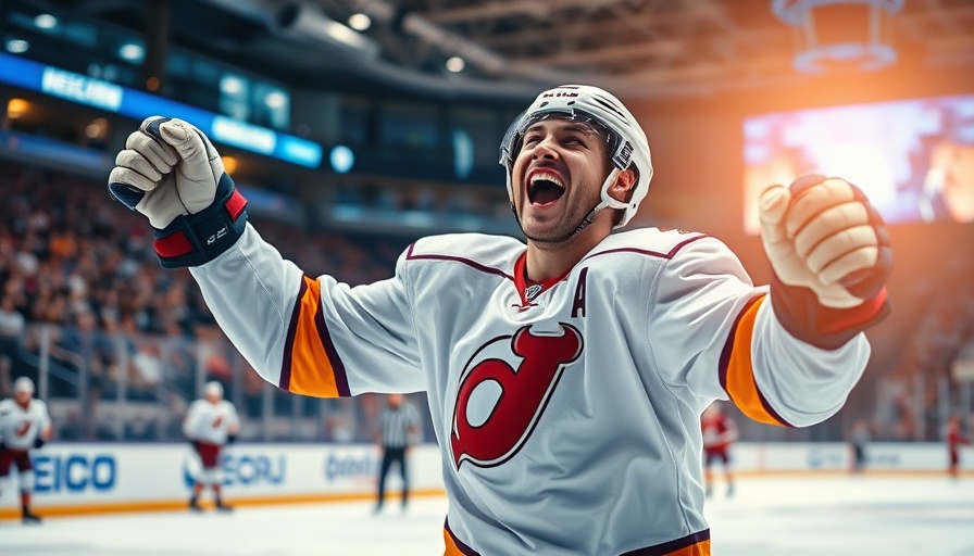 Ice hockey player celebrating goal on the rink; February 2025.