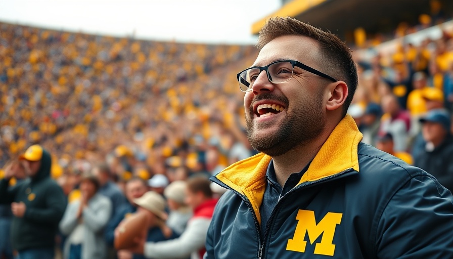 A man in a Michigan jacket smiling at a football event.