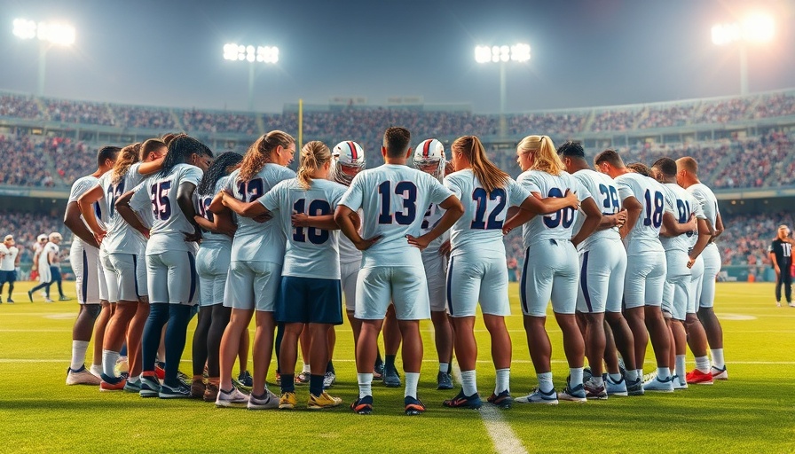 Spring Flag Football team huddling in DMV stadium.