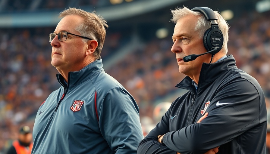 Football coaches in conversation on the sidelines during a game.