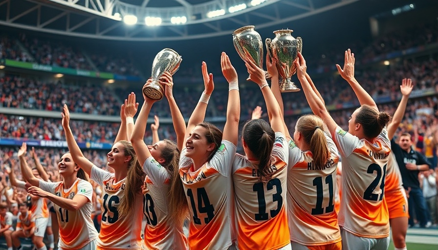 Female soccer team celebrating with trophies in vibrant stadium lighting.