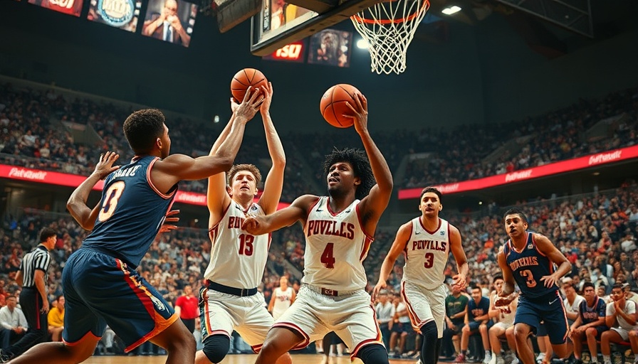 Intense men's college basketball game action scene.