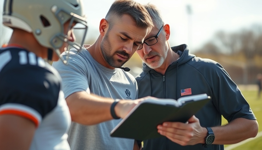 Coach pointing direction, player looks on, strategy session, sports field.