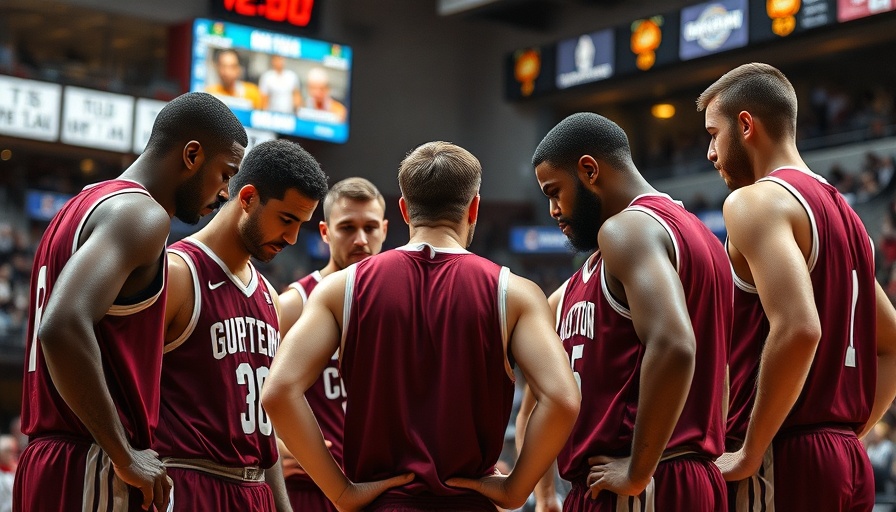 Boston College players huddle on court during basketball game.