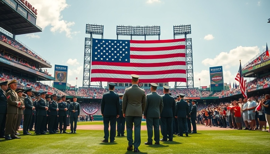 Army baseball team arrival ceremony with large American flag at stadium.