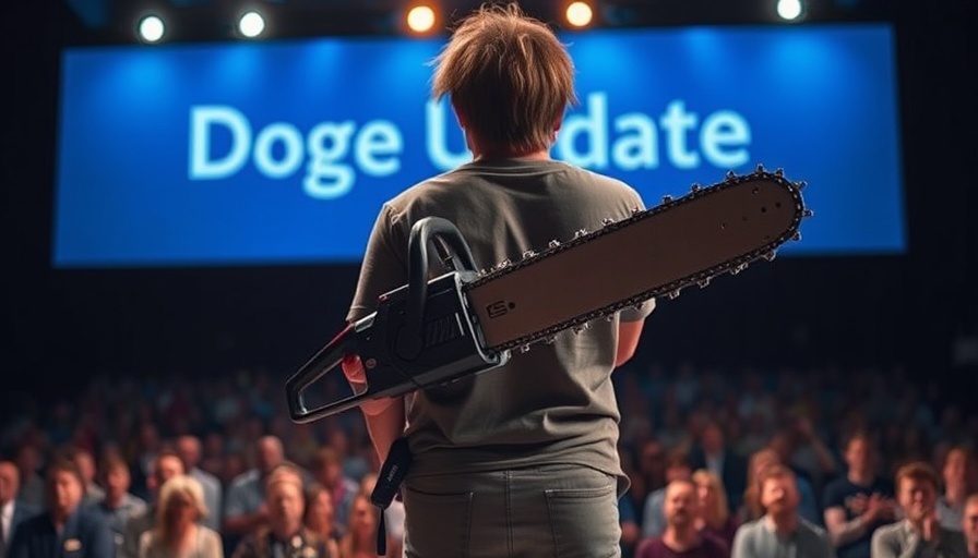 Individual with chainsaw at Doge Update event, vibrant stage lighting.