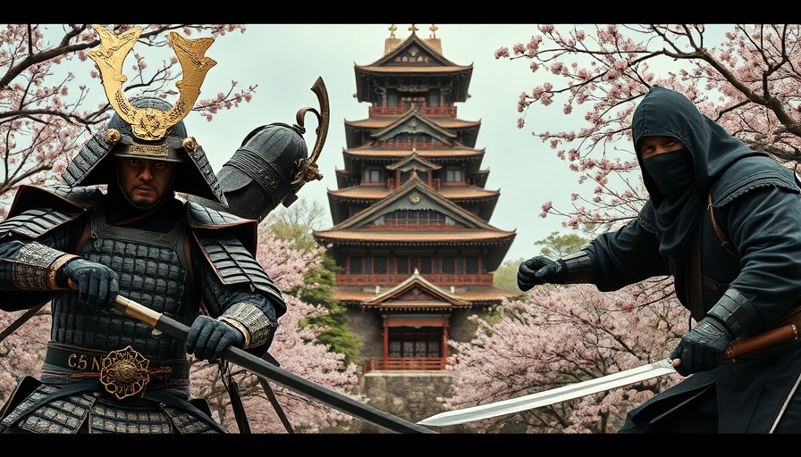 Dynamic samurai and ninja pose by a Japanese castle.