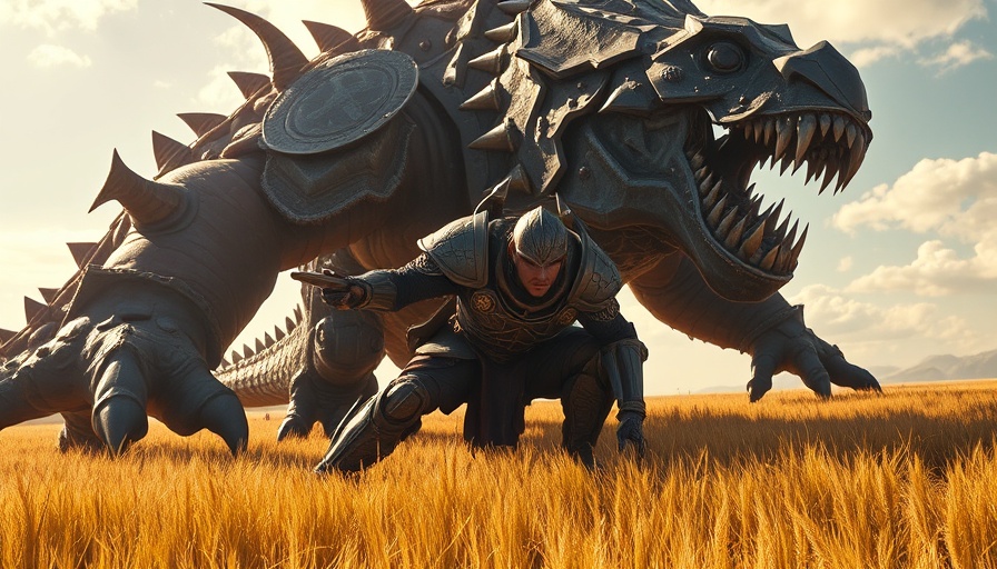 Hunter facing massive monster in grassy wilds with sunlight.