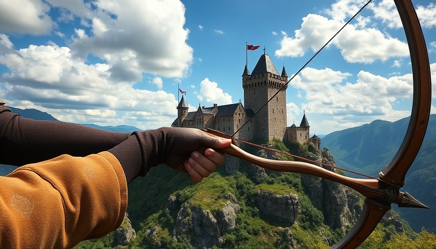 Avowed best bow aimed at a medieval castle, scenic landscape.