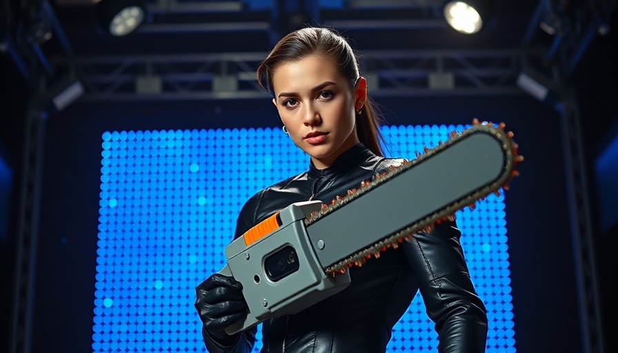 Futuristic scene with person holding a novelty chainsaw on a vibrant stage.