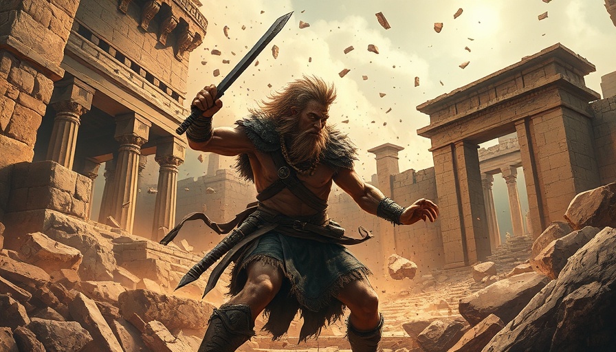 Epic scene of a barbarian battling in ancient ruins, dynamic action.