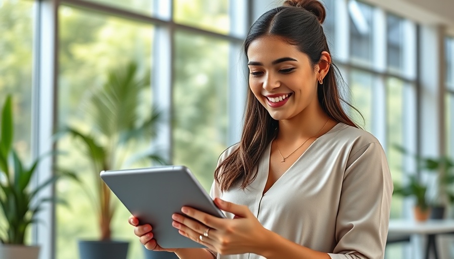 Woman engaging with tablet in bright office space.