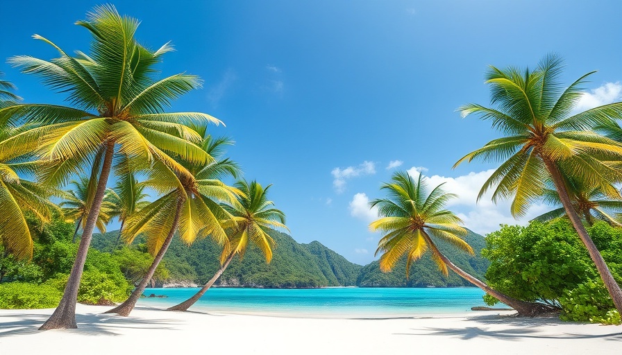 Tropical beach scene in South Pacific with azure waters and palm trees