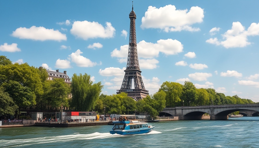 Scenic view of Eiffel Tower over Seine River, sunny blue sky.