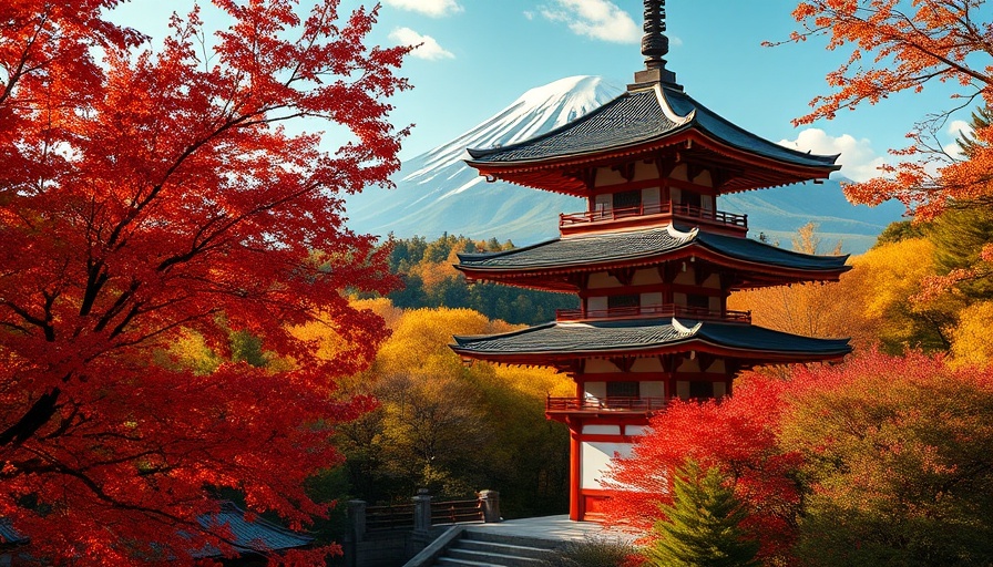 Traditional pagoda and Mount Fuji in autumn, symbolizing Japan Departure Tax Hike.