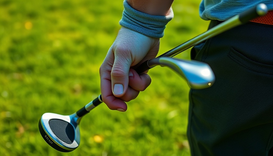 Person holding golf clubs on green course, highlighting equipment.