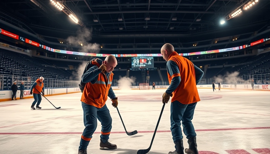 Columbus Blue Jackets staff preparing street hockey rink during evening in stadium.