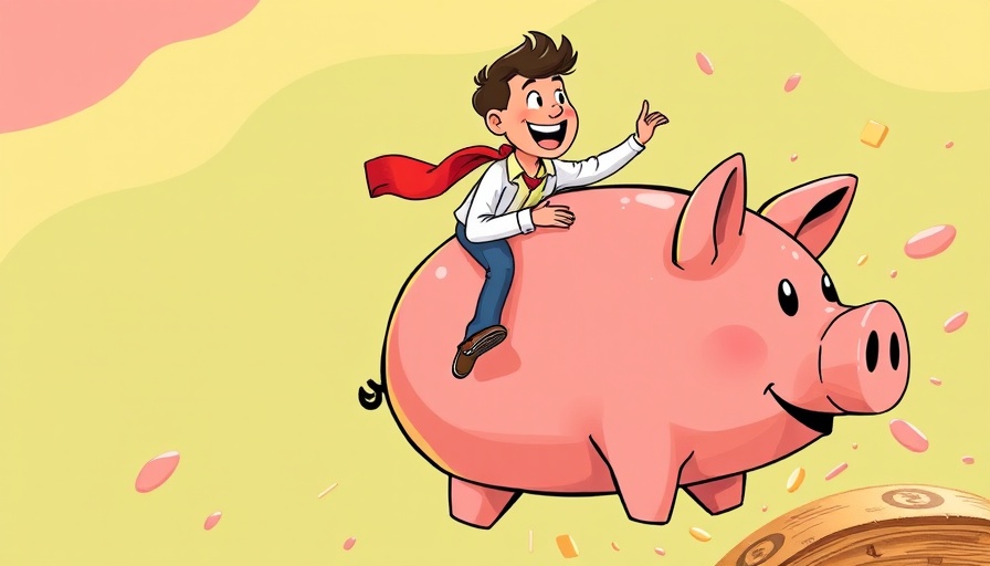 Whimsical cartoon of people on piggy bank reflecting understanding your spouse's finances.