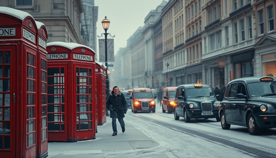 London street with phone booths and snowstorm, pedestrians walking.