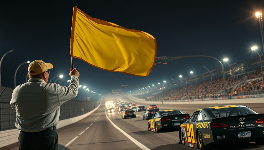 NASCAR last-lap caution conundrum: official waving yellow flag at finish line.