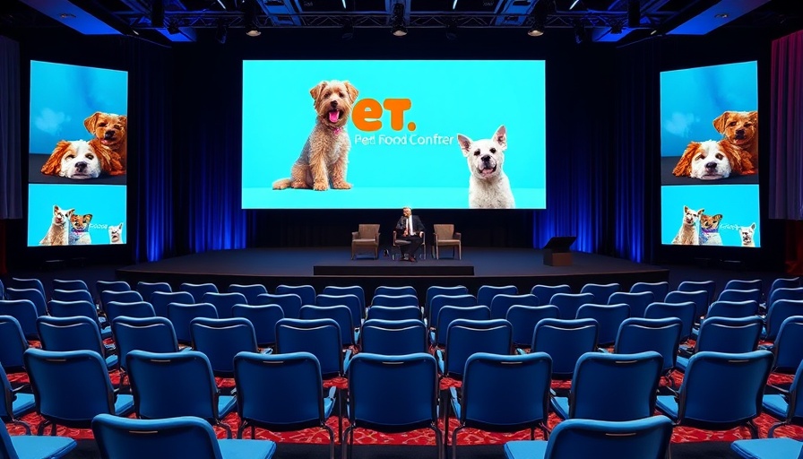 AFIA 2025 Pet Food Conference stage setup with chairs and pet images.