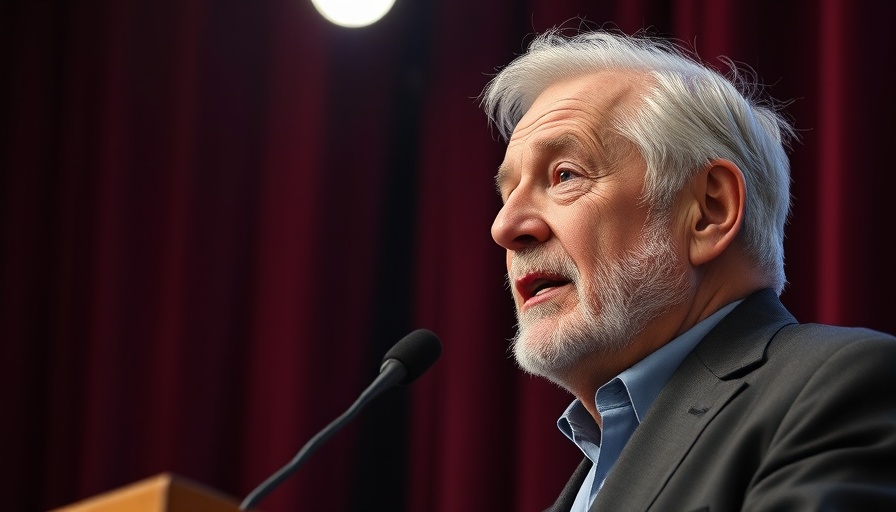 Elderly man giving a speech at the 2025 Friend of Pet Food Award event, podium view.