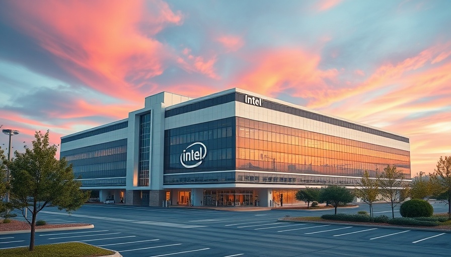 Futuristic Intel chip plant building in Ohio with vibrant sky.