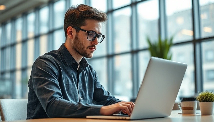 Man works on laptop amid Nvidia earnings record and stock dip news.