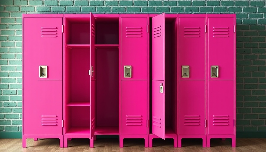 Mustard Made Lowdown Locker showcased in vibrant pink against green brick.