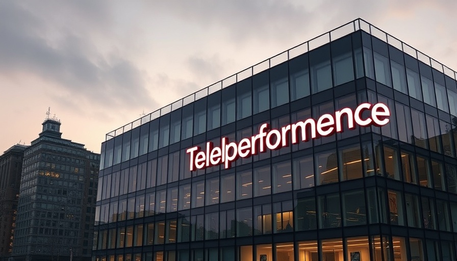 Modern Teleperformance building at twilight, highlighting AI investments.