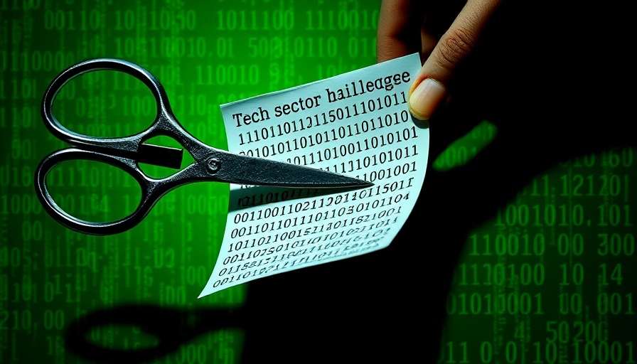 Conceptual scissors cutting binary code illustrating tech layoffs 2025.