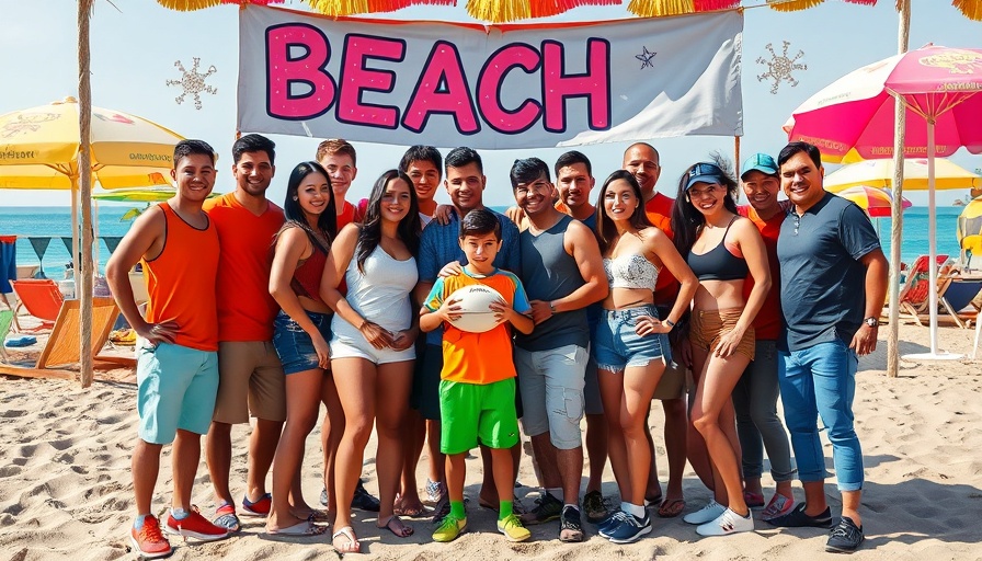 Diverse group posing at Beach Football League event.