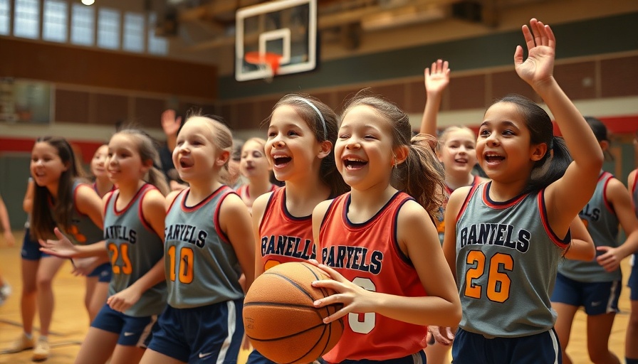 Young girls cheering in basketball program, smiling faces.