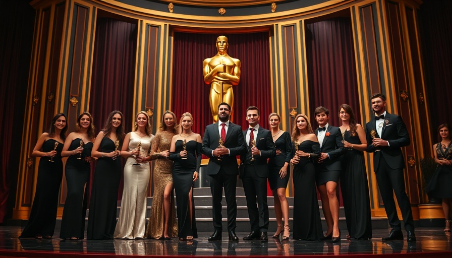 Group on Oscars stage during Hulu live stream event.