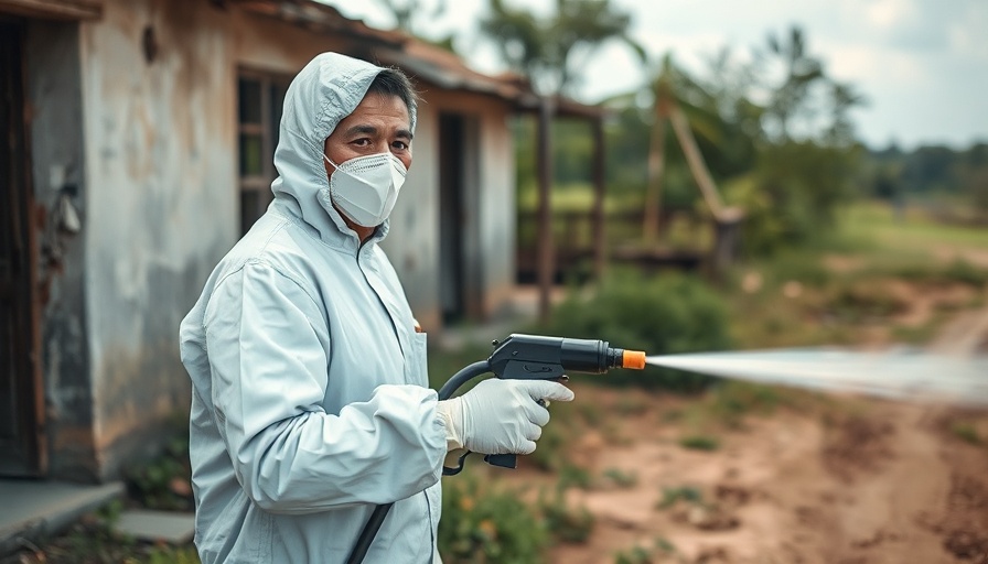 Person disinfecting in protective suit outside rural building in Congo.