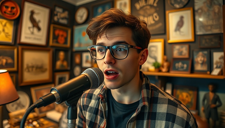 Man streaming with microphone and wall art in background.