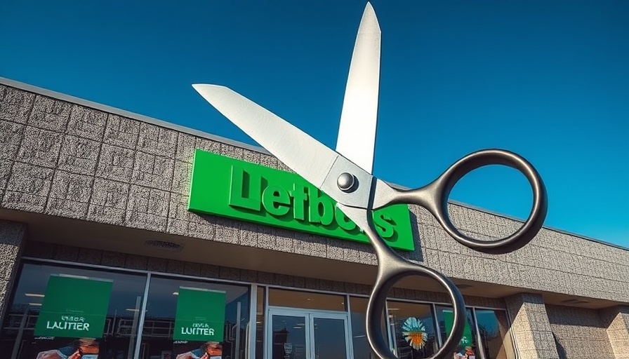 Conceptual image of scissors cutting retail store facade.