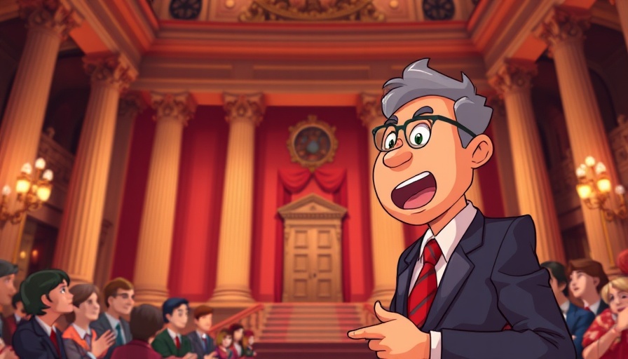 Animated businessman energetically speaking in grand hall with columns.