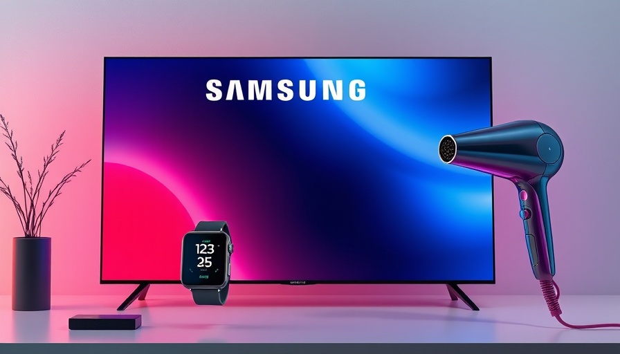 Modern electronic gadgets including Samsung TV, smartwatch, and hairdryer.