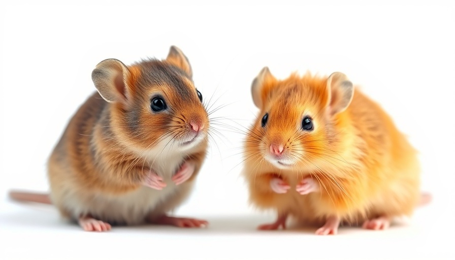 Colossal Woolly Mouse beside regular mouse on white background.