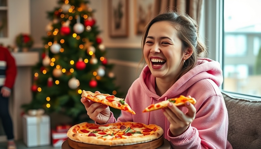 Joyful woman enjoying pizza in festive room with a Christmas tree.