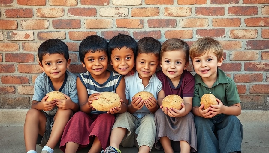 Calm children holding bread, unity in humanitarian crisis.