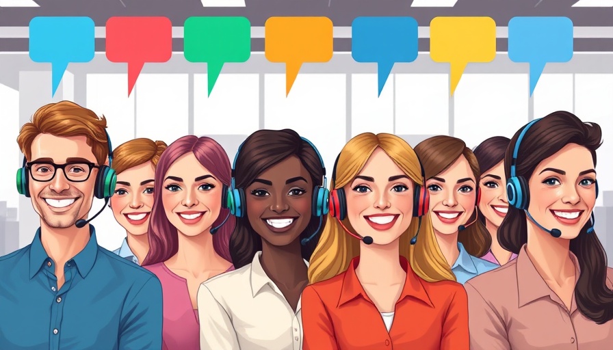 Colorful vector illustration of helpline operators with speech bubbles.