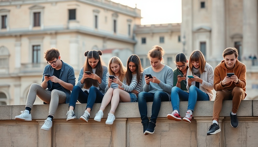 Teenagers using smartphones outside a historic building.