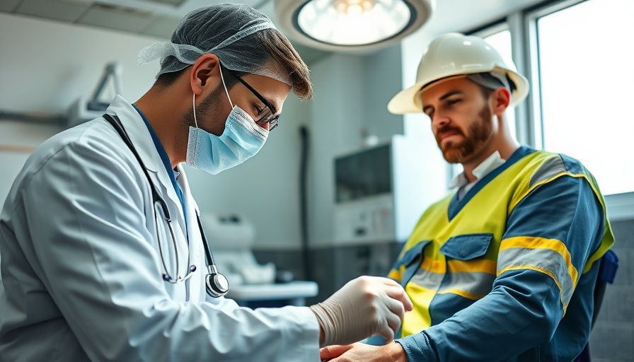 Medical worker examines injured worker, highlighting medical services use.