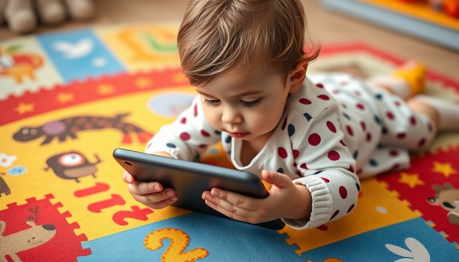 Toddler engaged in screen time on a colorful play mat.