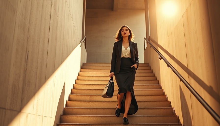 Minimalist dressed woman ascending staircase, Stop Self-Medicating Depression.